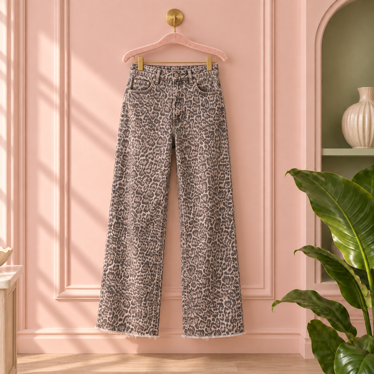 Women’s Leopard Print High-Rise Wide-Leg Jeans – Frayed Hem