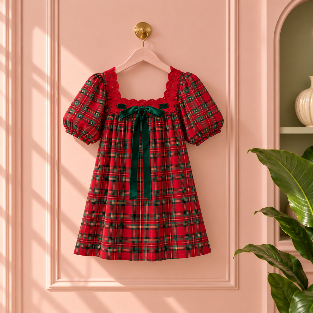 Women’s Red Plaid Christmas Babydoll Mini Dress with Bow
