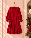 Red Velvet-Texture Christmas Midi Dress – Ruffle Trim