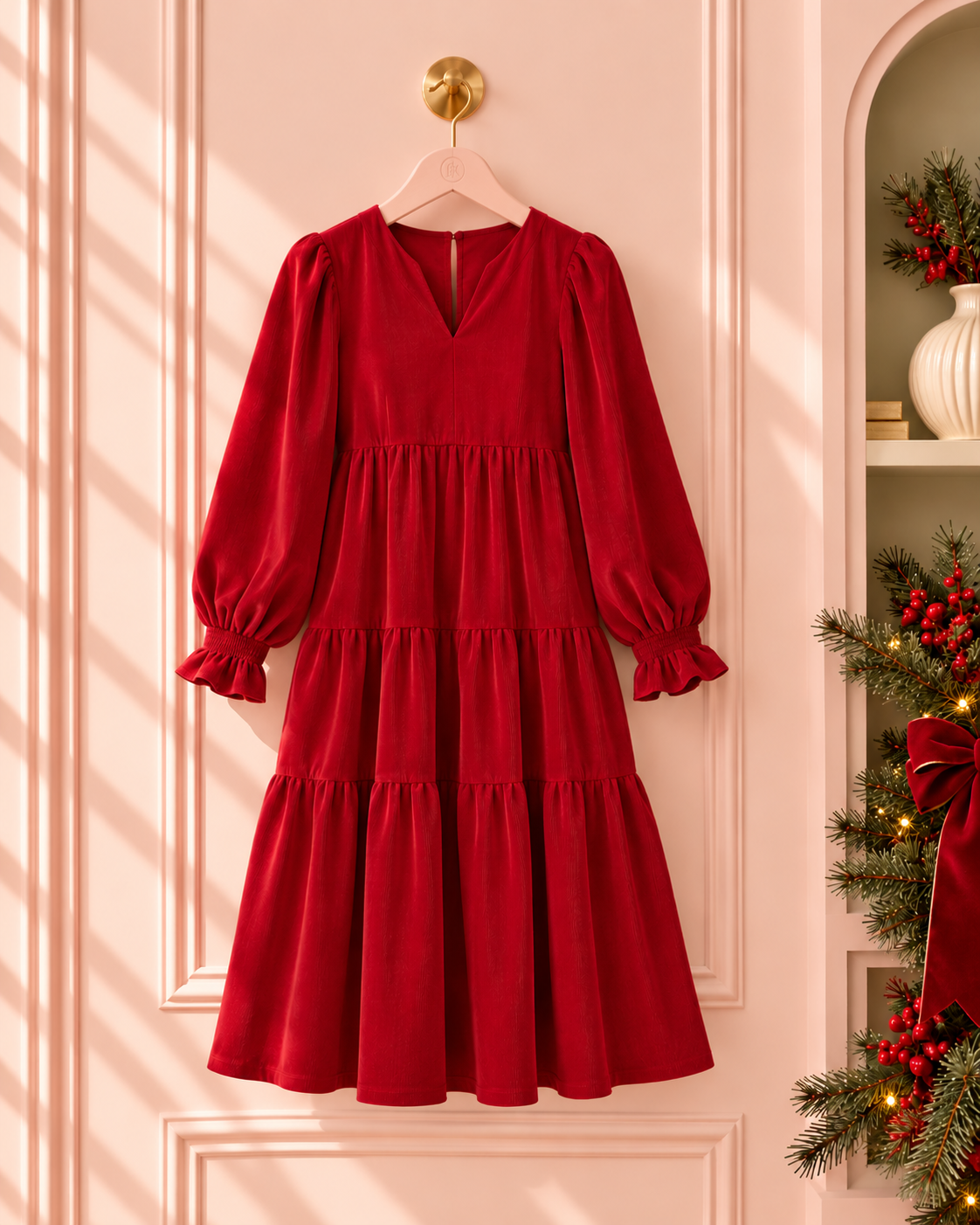 Red Velvet-Texture Christmas Midi Dress – Ruffle Trim