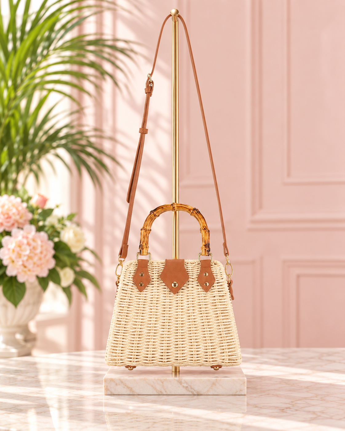 Beige Woven Straw Handbag with Bamboo Handles