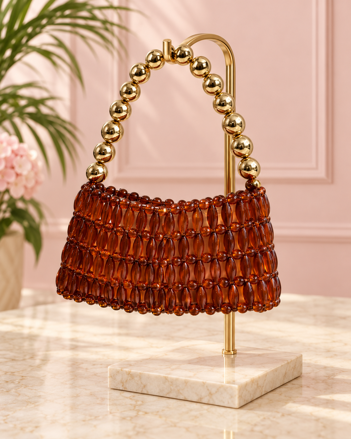Retro Amber Acrylic Beaded Handbag with Gold Handle