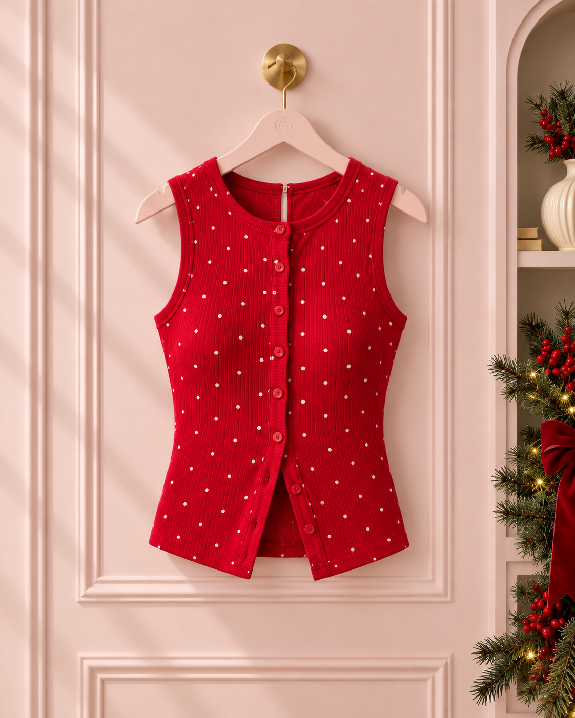 Women’s Red Polka Dot Button-Front Ribbed Tank Top