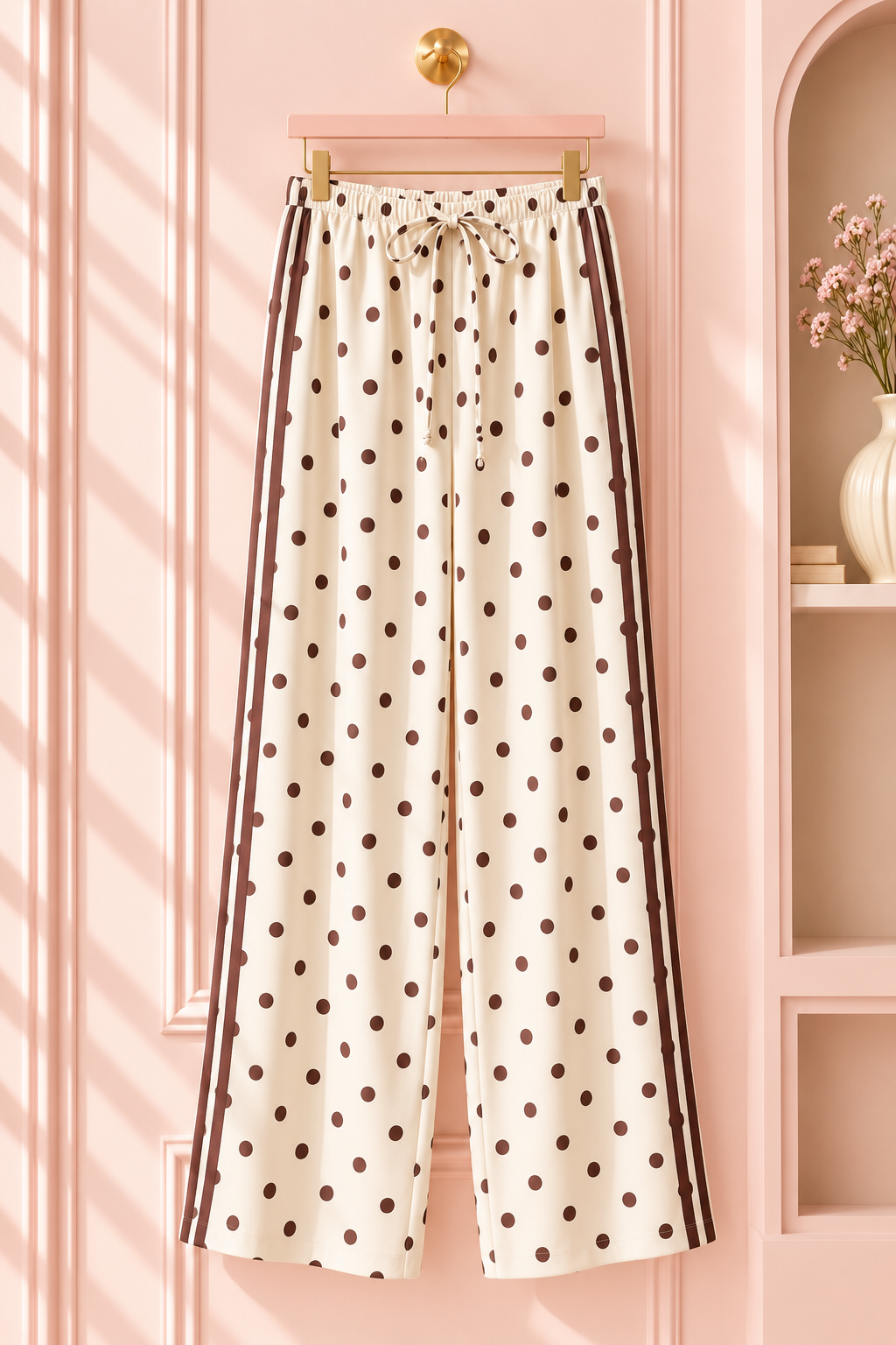 Women’s Cream and Brown Polka Dot Wide-Leg Pants