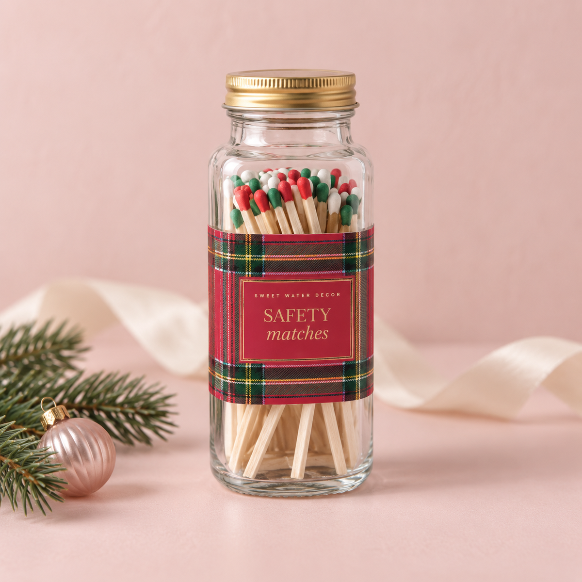 Holiday Plaid Safety Matches – 60 Count Glass Jar, Christmas Candle Decor
