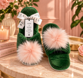 Green Plush Slippers with Pink Pom-Pom