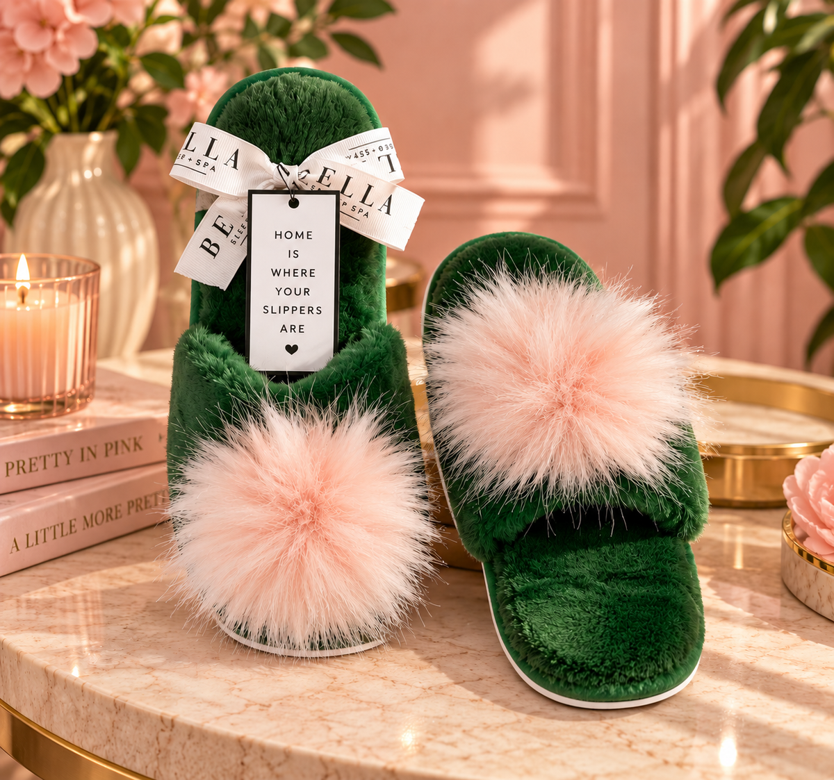 Green Plush Slippers with Pink Pom-Pom