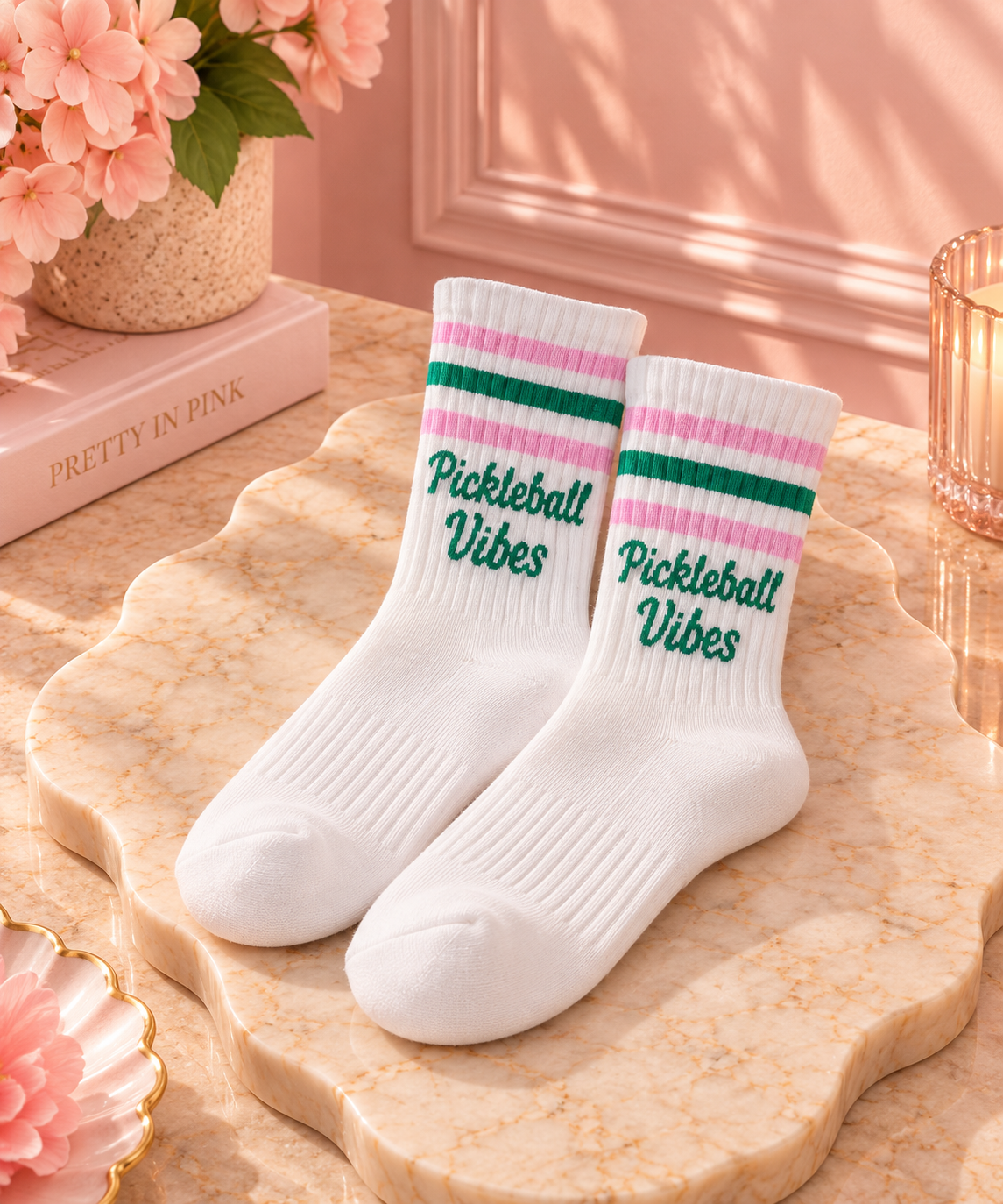 MKS America Pink Pickleball Vibes Striped Crew Socks