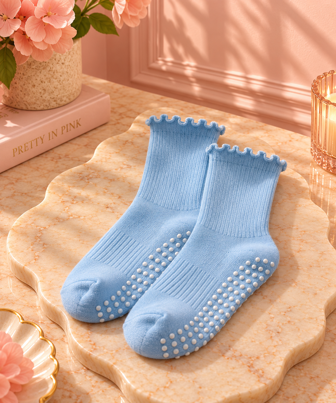 MKS America Blue Ruffle Pilates Grip Socks