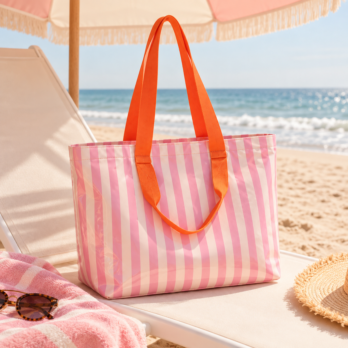 Pink & Orange Striped PVC Beach Tote Bag