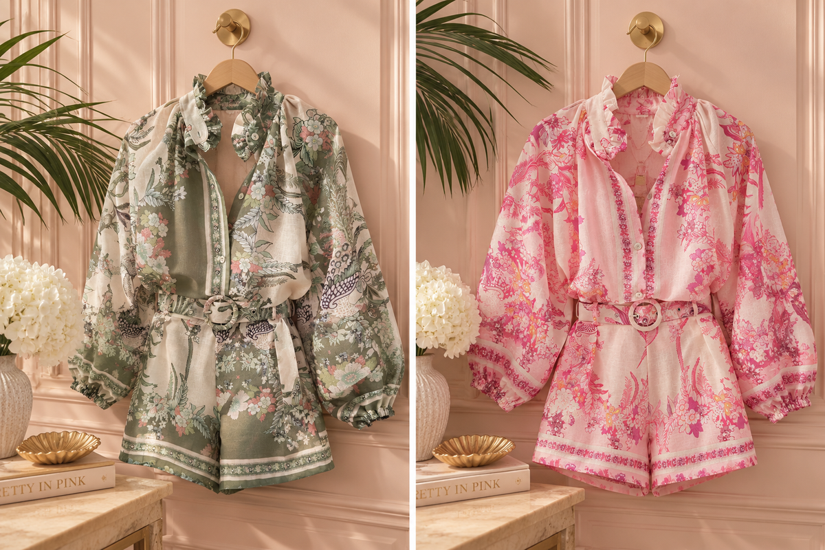 Floral Print Long-Sleeve Blouse & High-Waisted Shorts Set With Belt