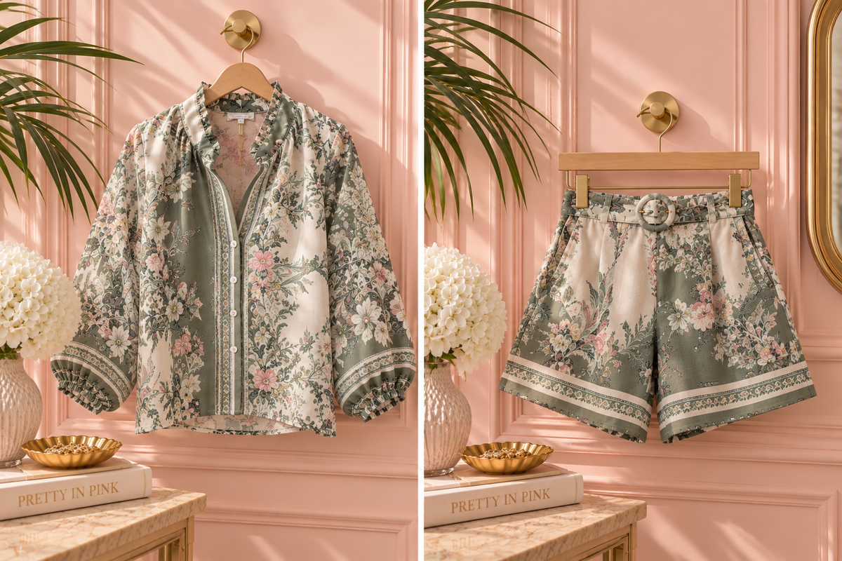 Floral Print Long-Sleeve Blouse & High-Waisted Shorts Set With Belt