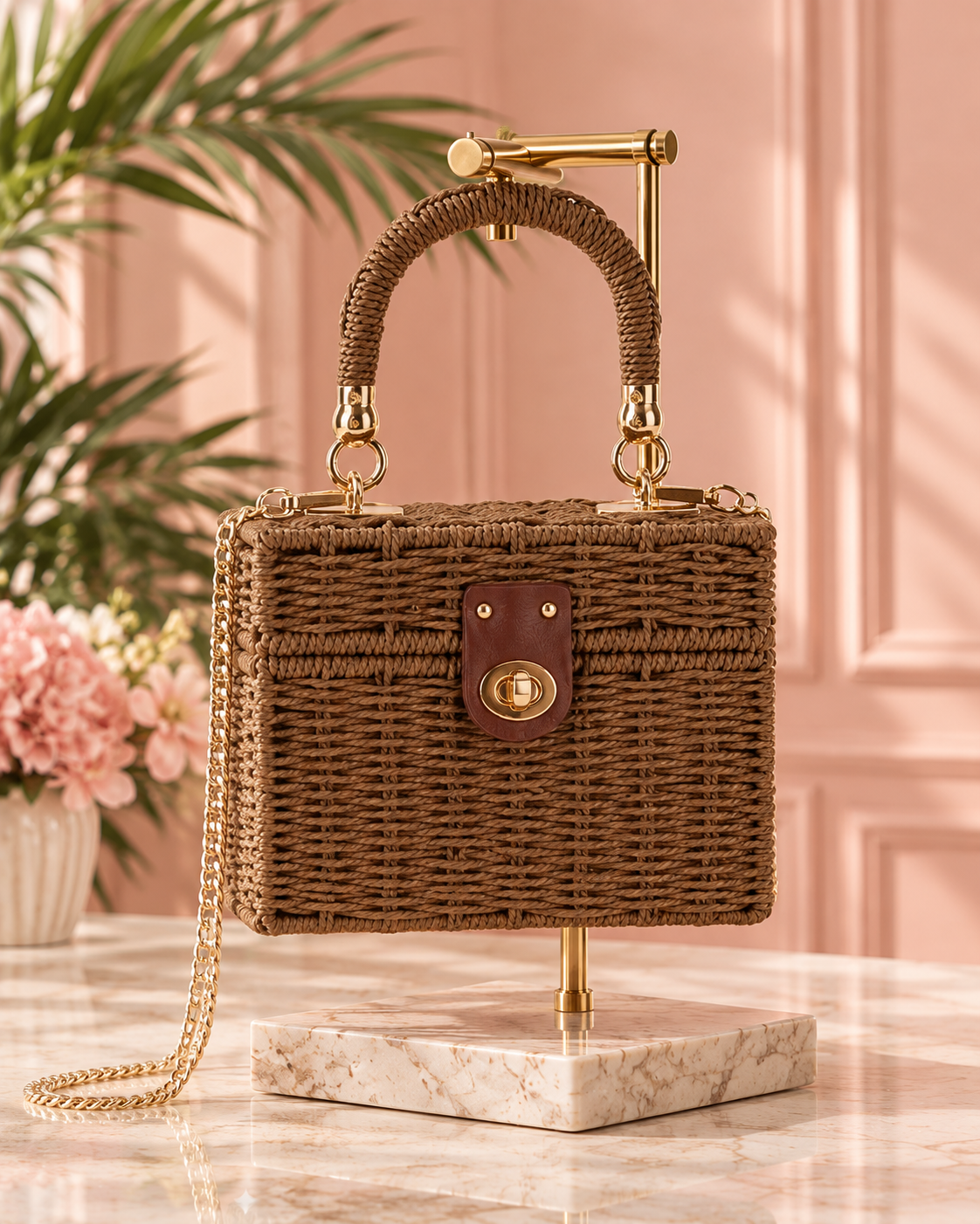 Dark Brown Woven Box Crossbody Bag with Gold Chain