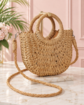 Camel Round Woven Straw Crossbody Bag
