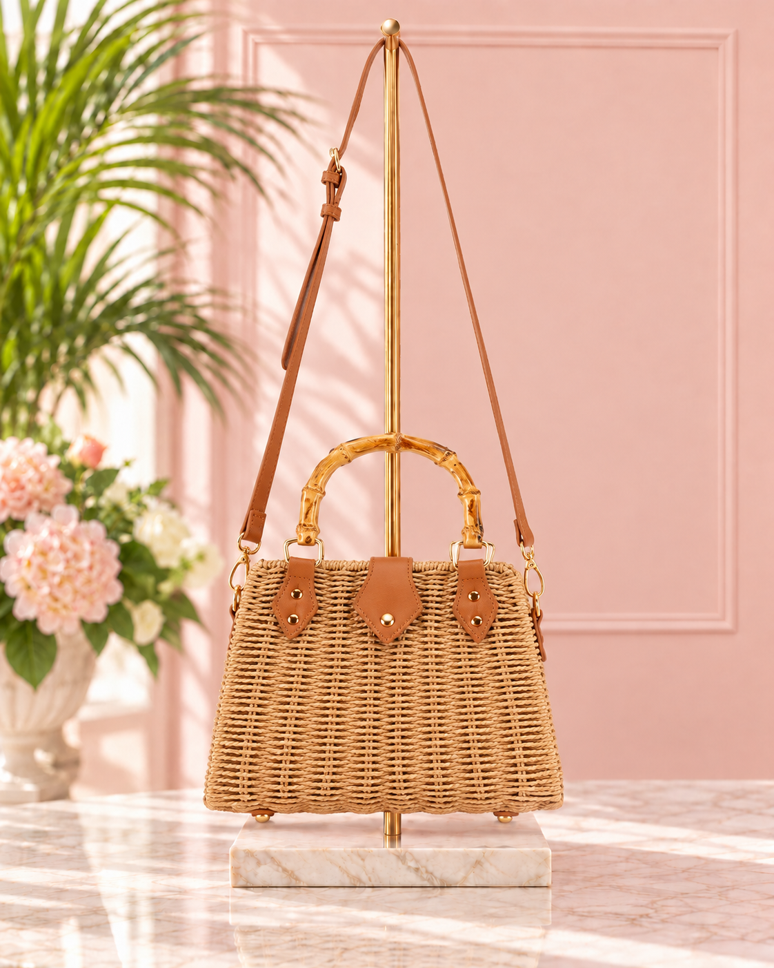 Woven Straw Handbag with Bamboo Handles