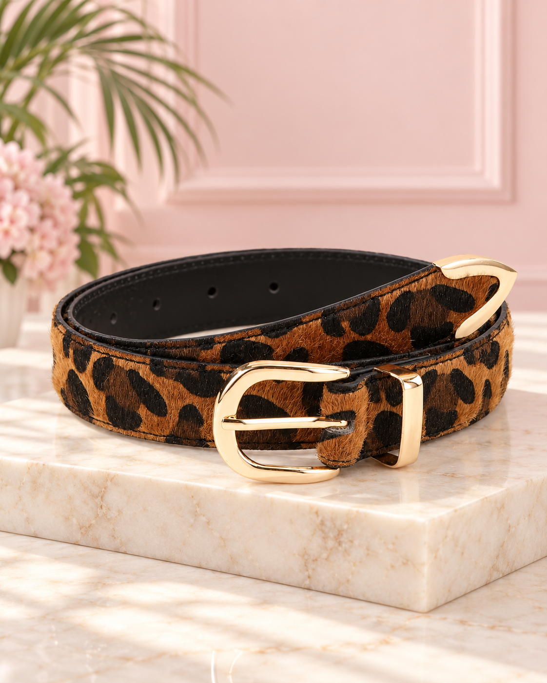 Leopard Print Belt – Oval Gold Buckle