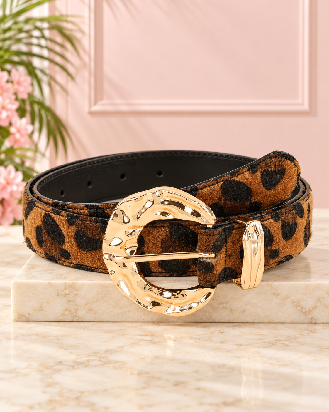 Leopard Print Belt – Textured Oval Gold Buckle