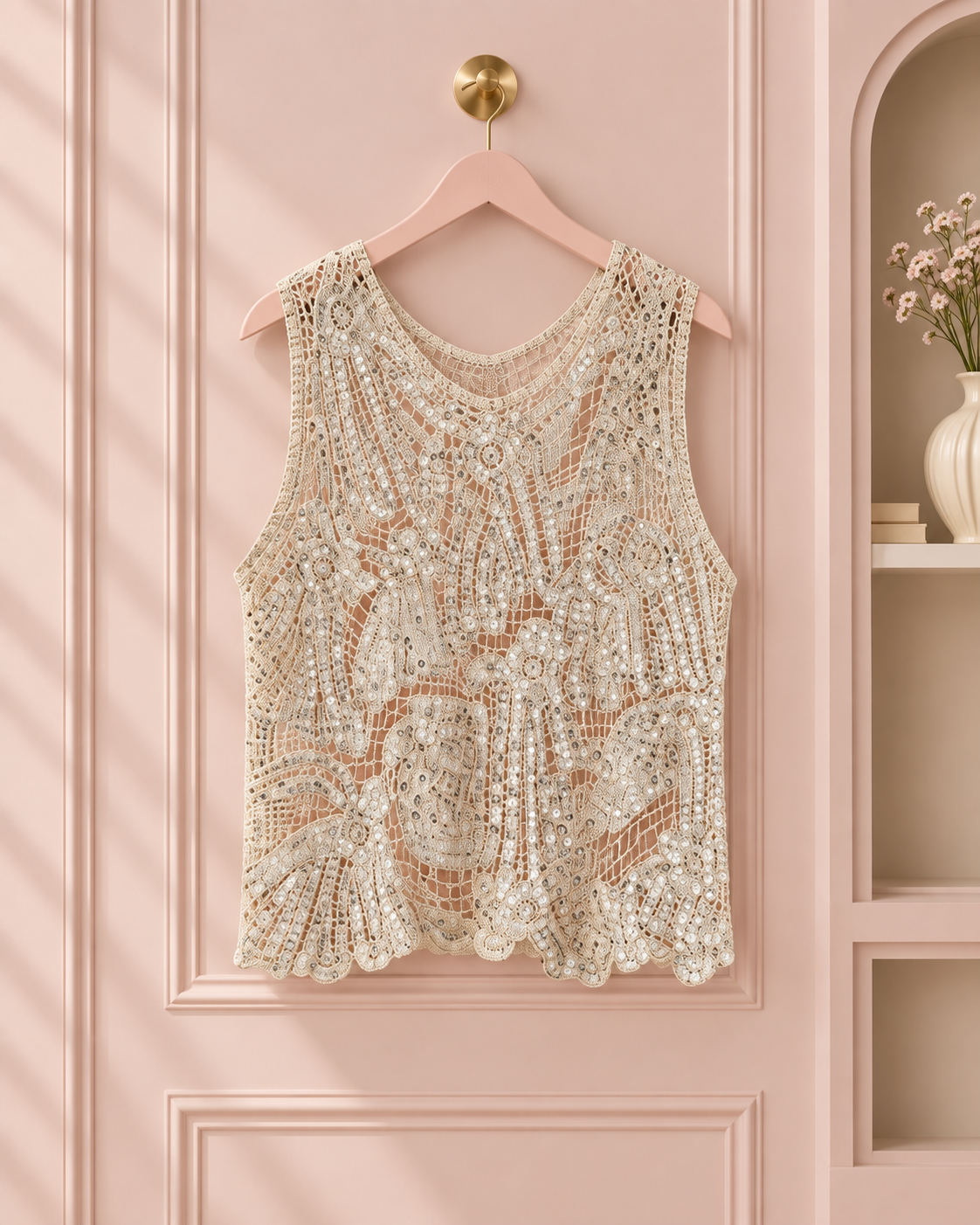 Women’s Beige Sequin Crochet Lace Tank Top