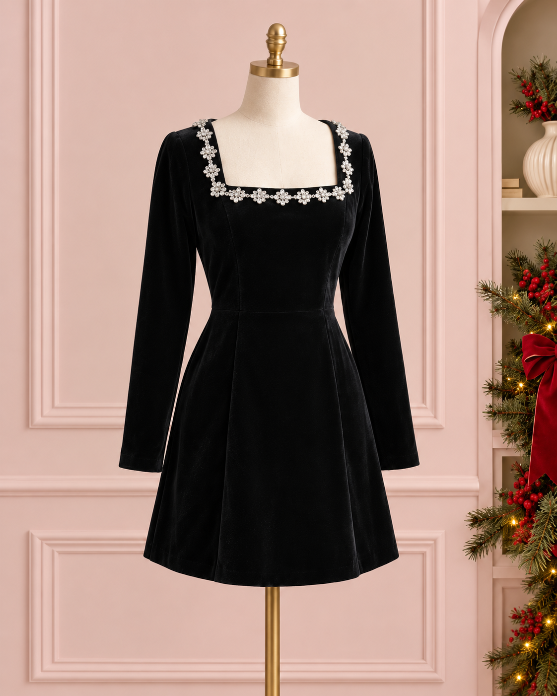 Women’s Black Crystal-Trim Velvet Mini Dress