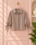 Women’s Brown Gingham Ruffle Blouse with Tie Sleeves