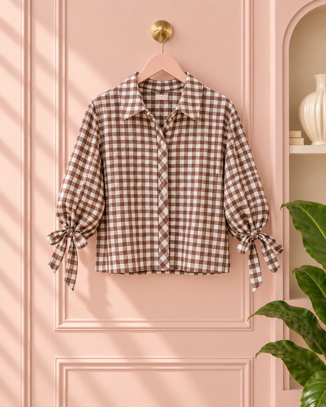 Women’s Brown Gingham Ruffle Blouse with Tie Sleeves