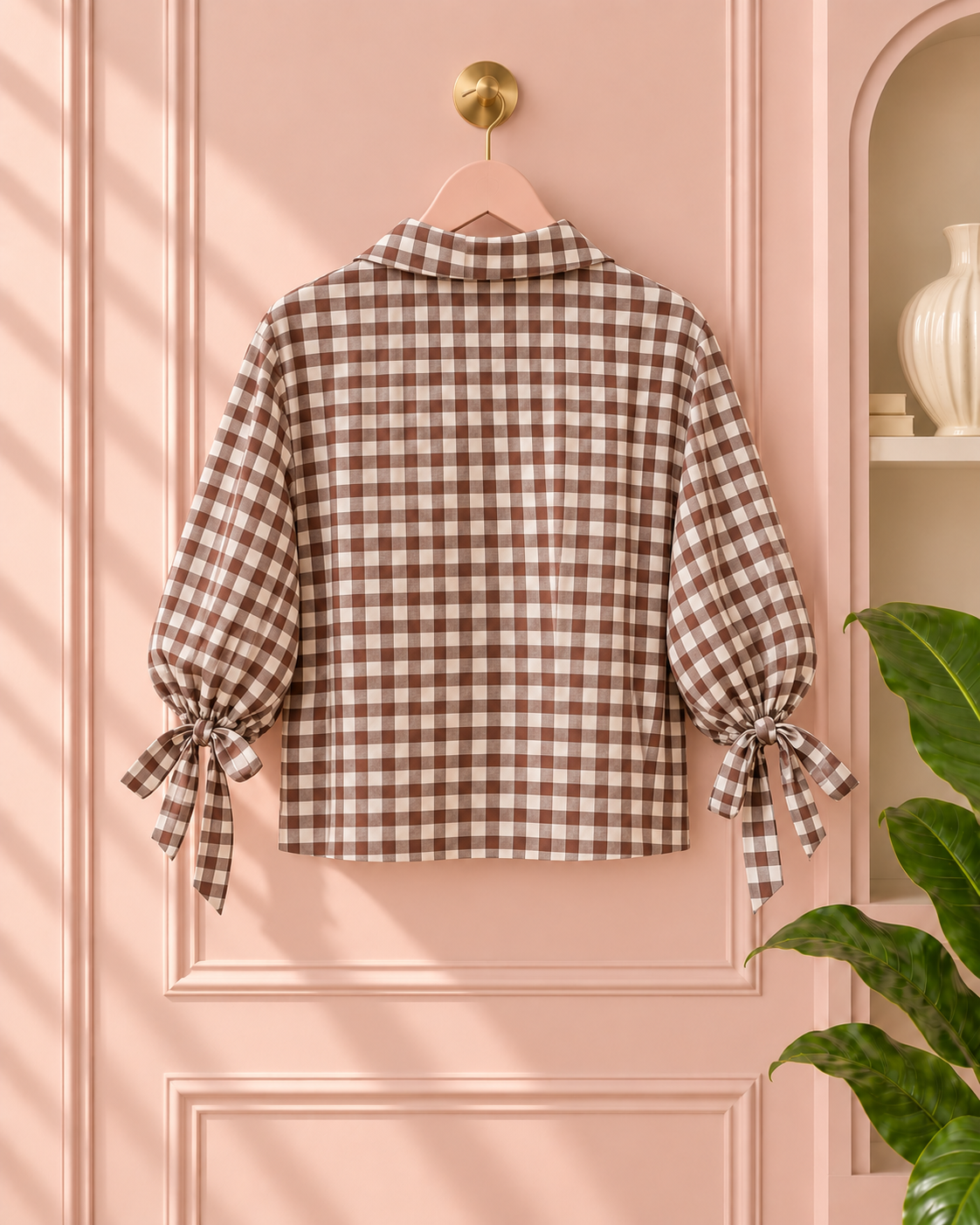 Women’s Brown Gingham Ruffle Blouse with Tie Sleeves