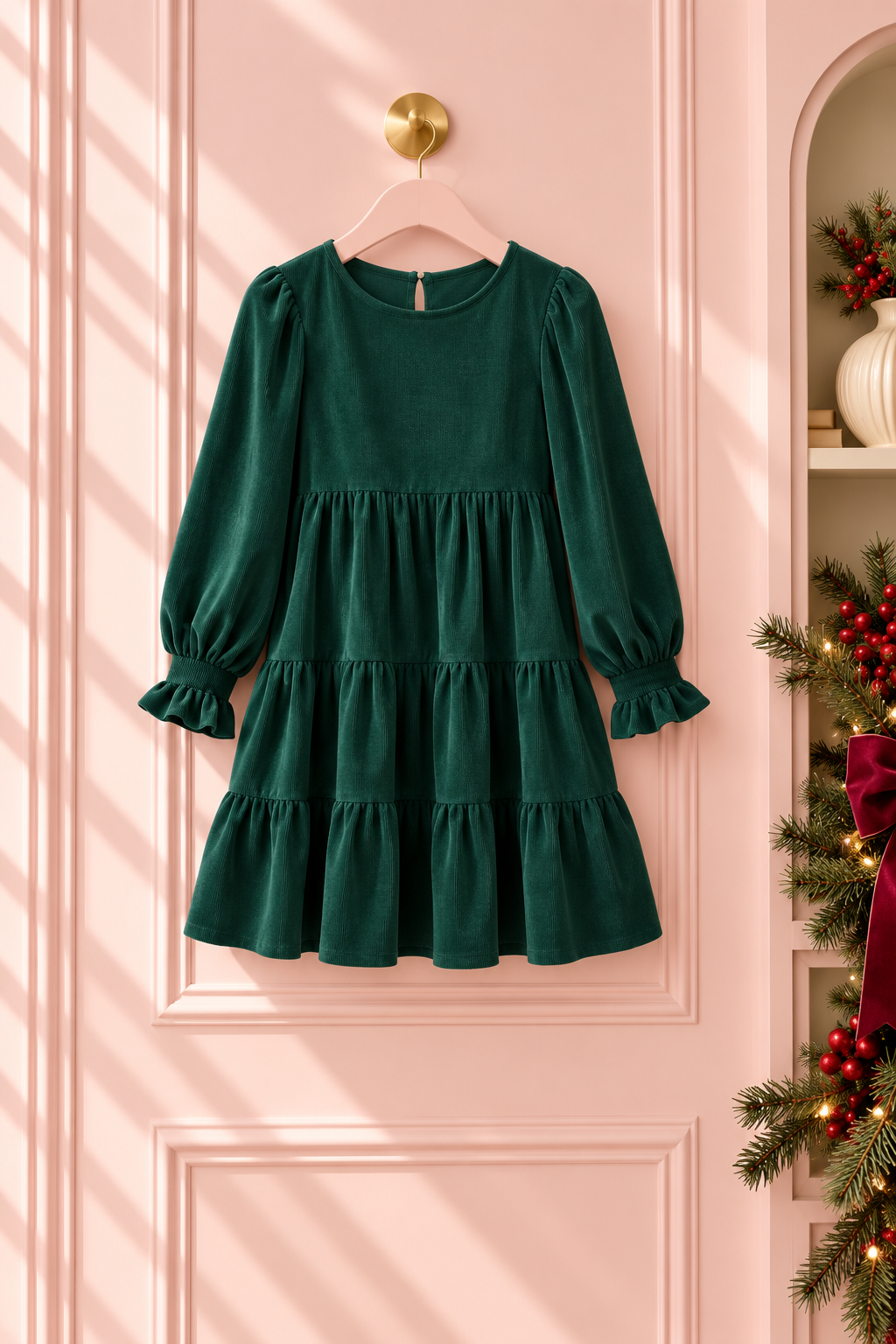 Women’s Mist Green Tiered Christmas Mini Dress – Long Sleeve