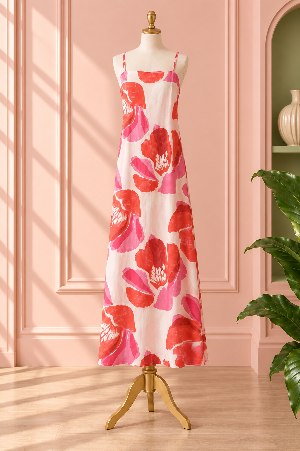 Pink Floral Print Strap Maxi Dress