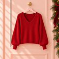 Women’s Red Bow-Back Christmas Sweater – V-Neck Balloon Sleeve