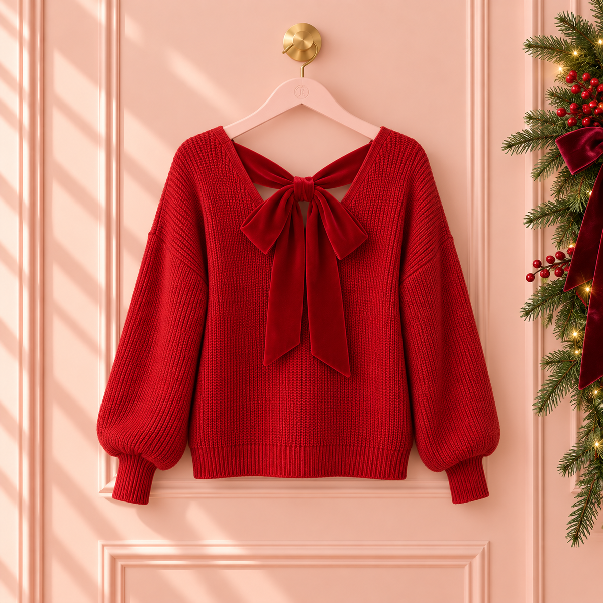 Women’s Red Bow-Back Christmas Sweater – V-Neck Balloon Sleeve