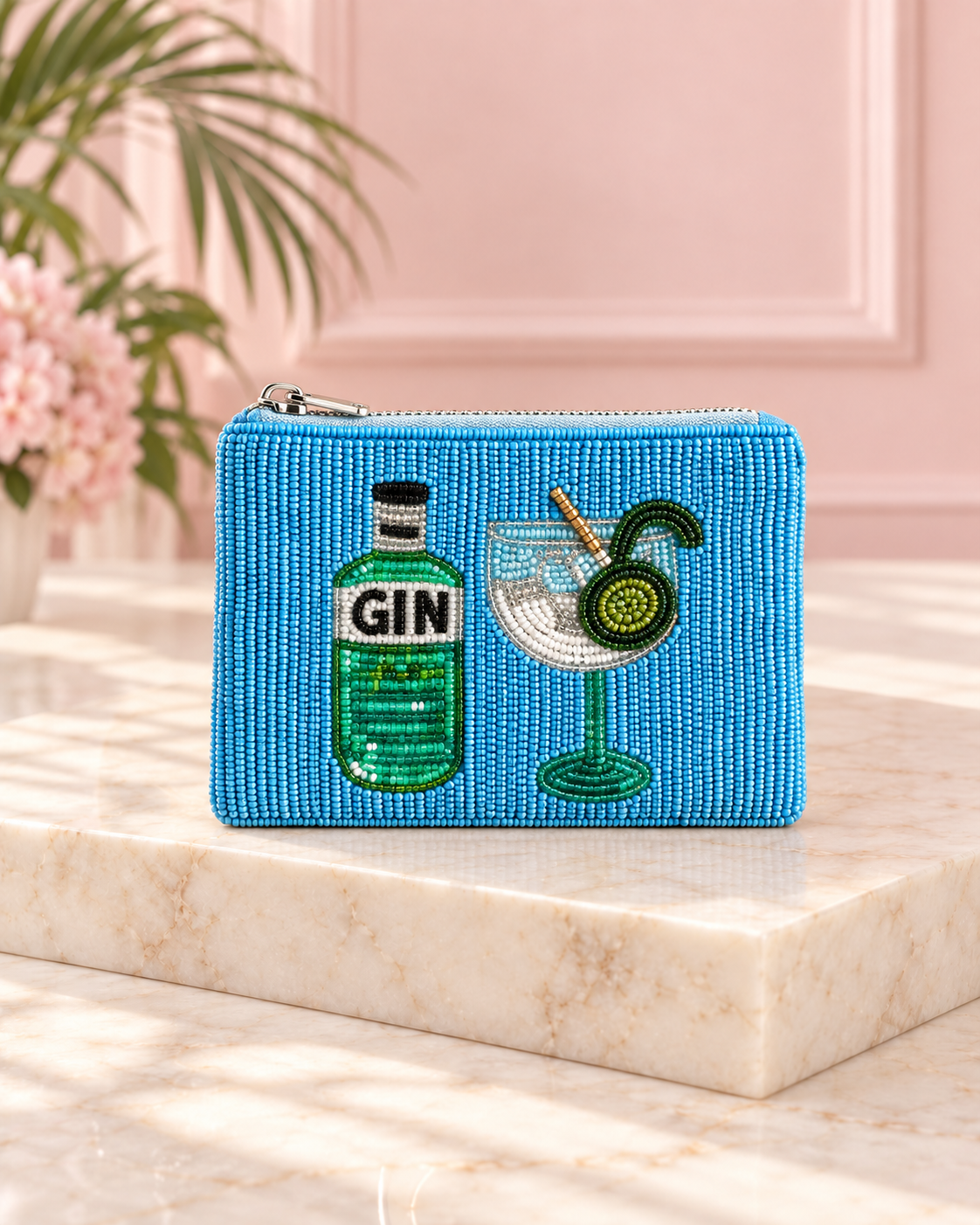 Gin & Tonic Seed-Beaded Coin Purse – Blue