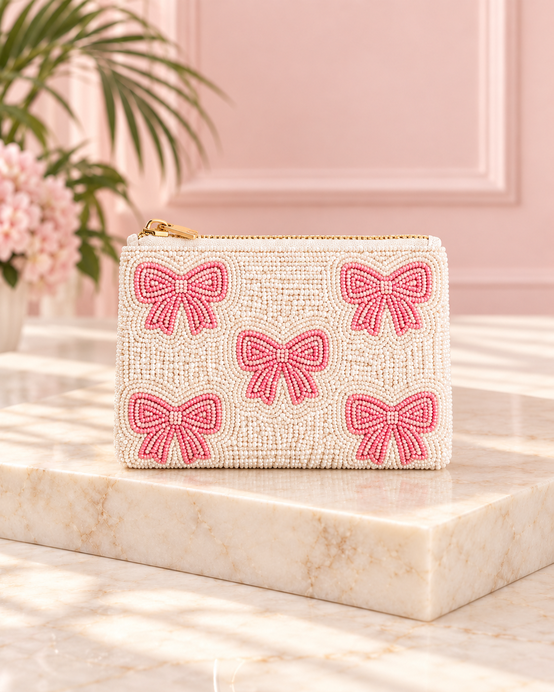 Pink Pearl Bow Beaded Coin Purse