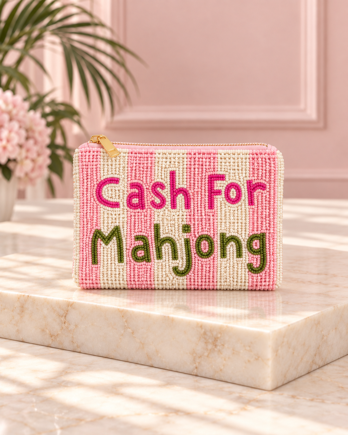 Cash for Mahjong Striped Beaded Coin Pouch – Pink