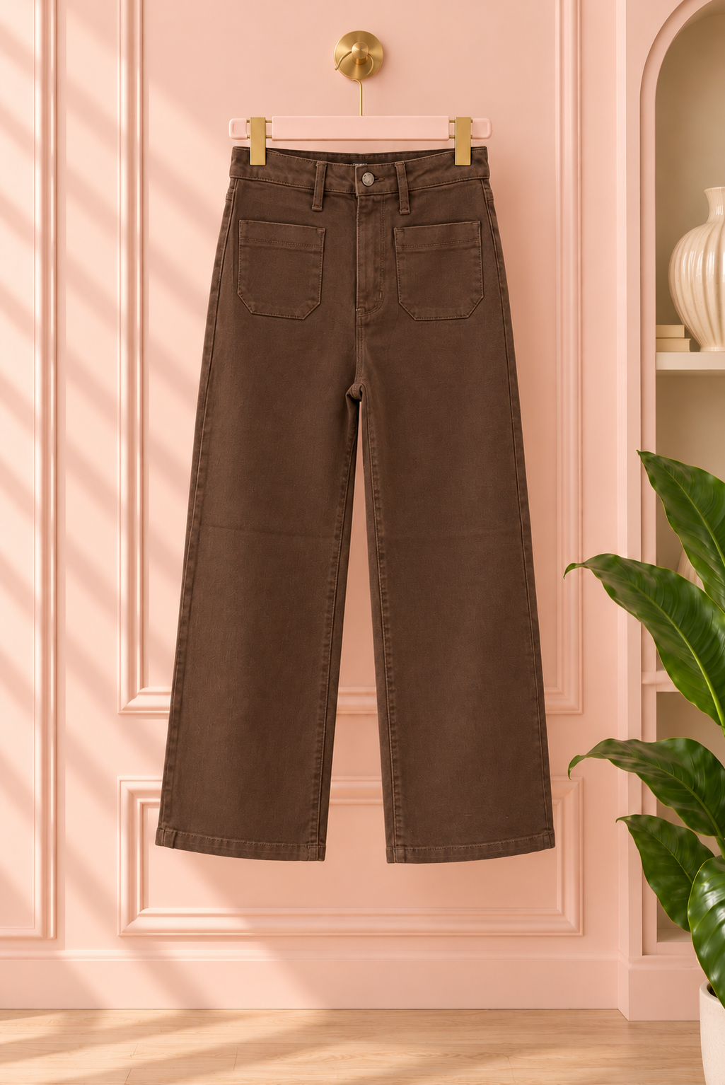 Women’s Dark Brown Patch-Pocket Wide-Leg Jeans