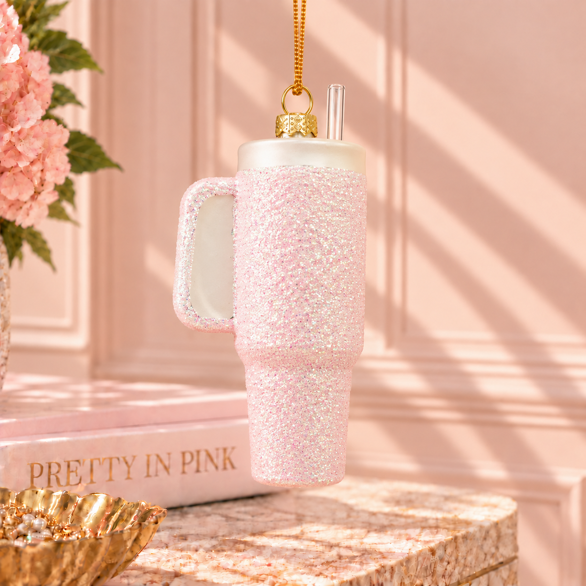 Pink Glitter Tumbler Cup Glass Christmas Ornament