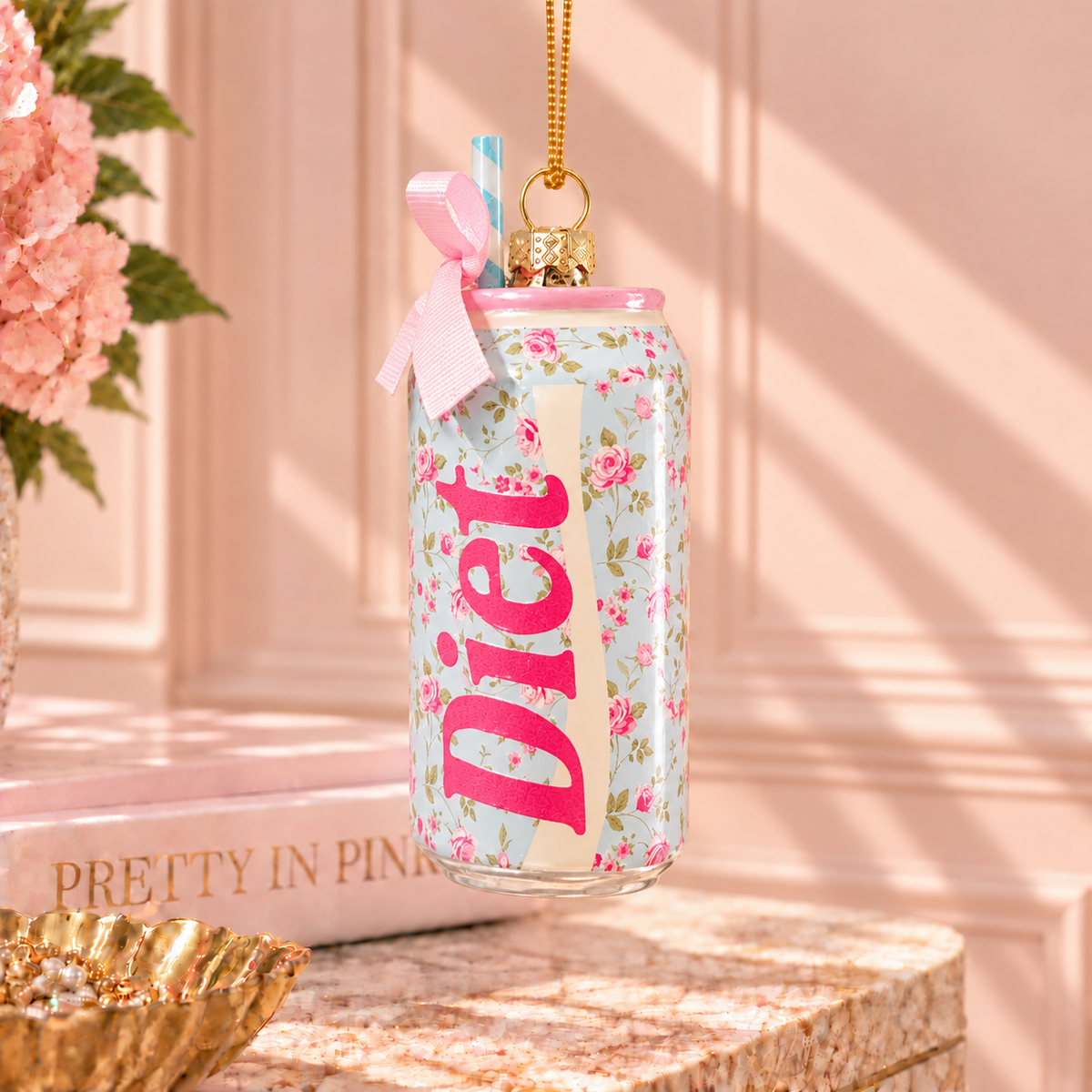 Diet Cola Darling Glass Christmas Ornament – Pink Floral Soda Can