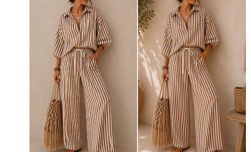 Out of Office Mocha Striped Two-Piece Set