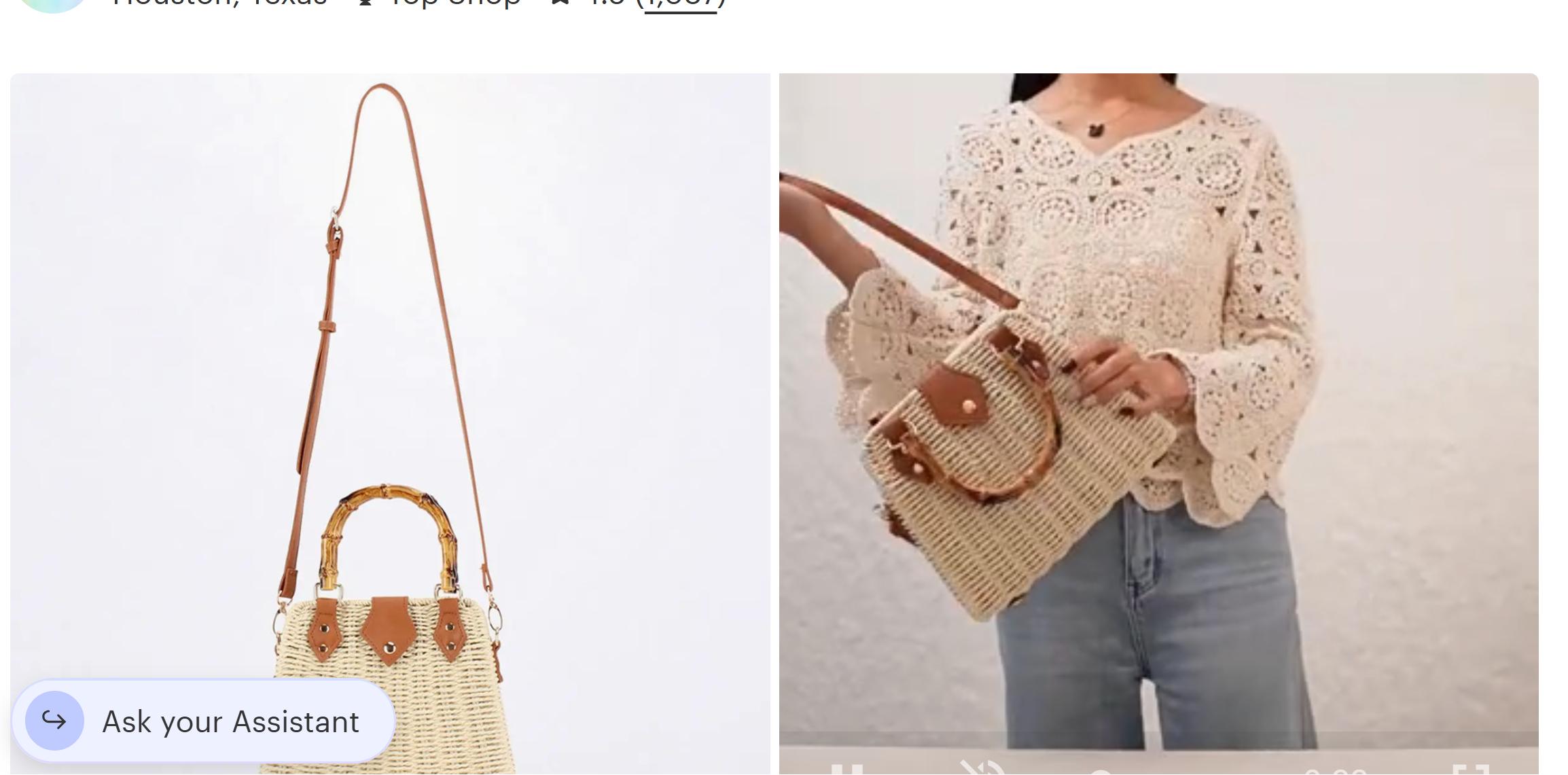 Beige Woven Straw Handbag with Bamboo Handles