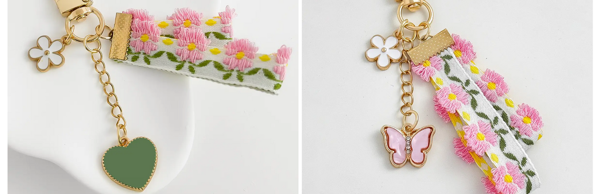 Pink Daisy Ribbon Butterfly & Heart Keychain