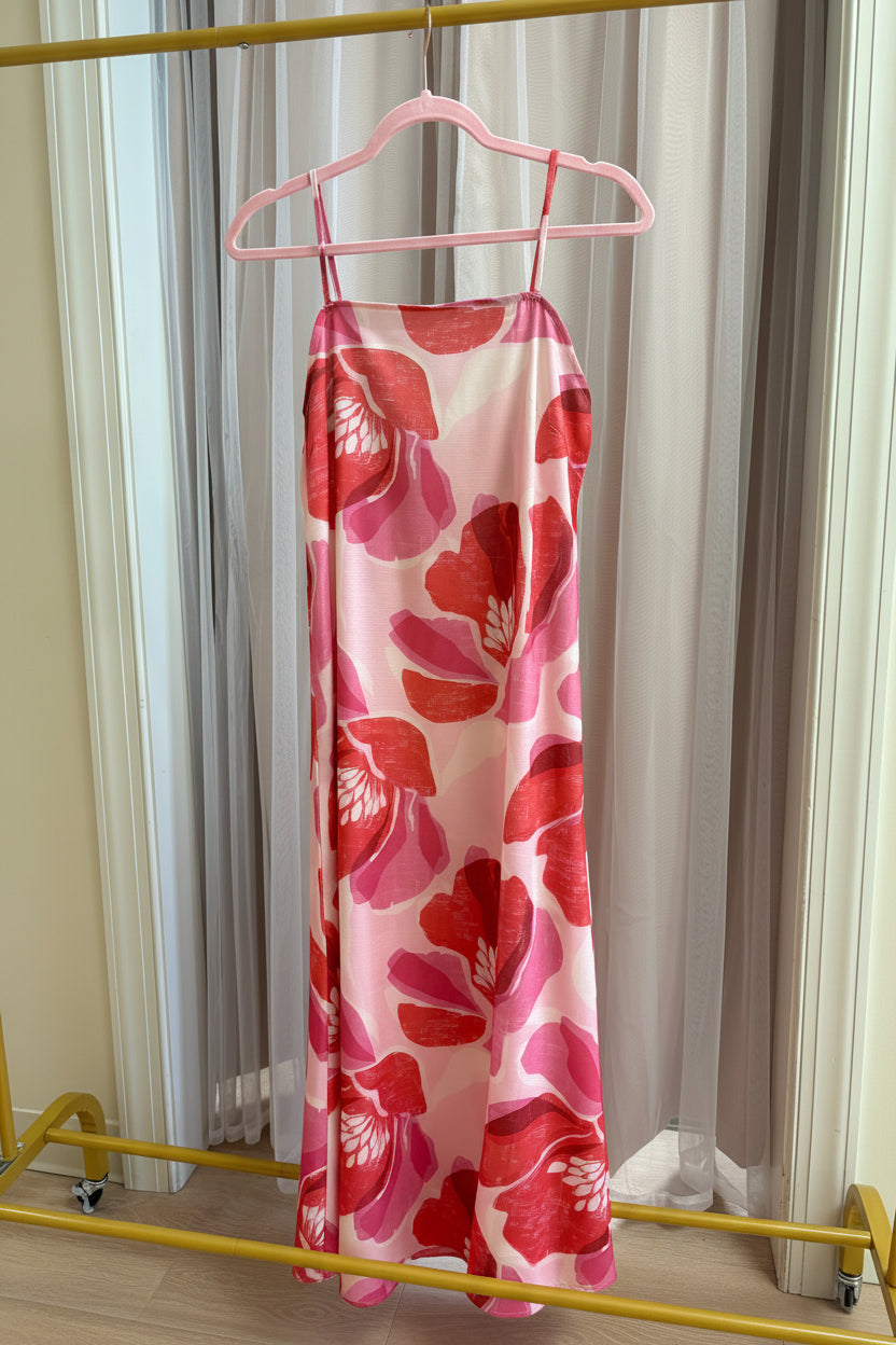 Pink Floral Print Strap Maxi Dress